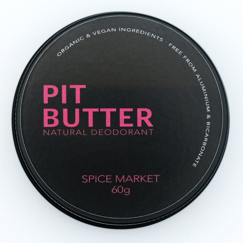 Natural deodorant, organic and vegan, pit butter spice market tin